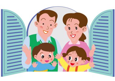 A family rejoicing by the window after moving into a new house clipart