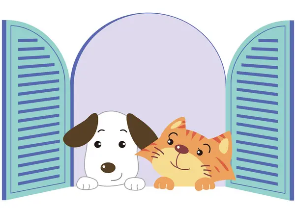 Pet Kitten Puppy Window New House — Stock vektor