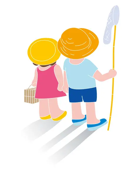 Brother Sister Going Out Catch Insects Summer Vacation — Stock Vector