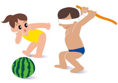 Daughter and father go swimming and split watermelon on the sandy beach clipart