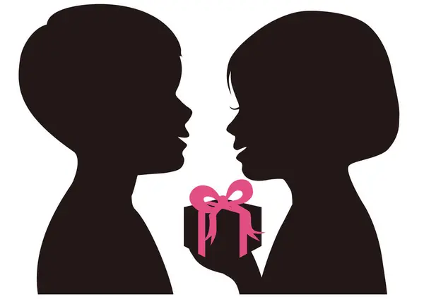 Profil Silhouette Eines Mädchens Das Ein Geschenk Von Einem Jungen — Stockvektor