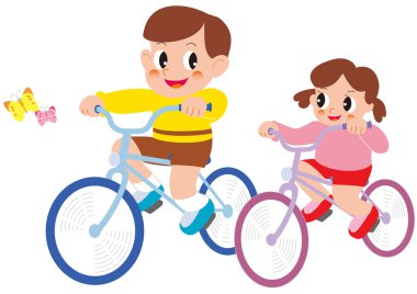 A boy and girl riding bicycles and butterflies flying around