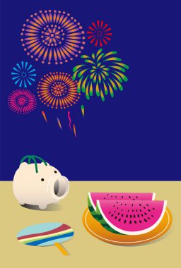 Havai fişek kartpostalları ve Japon yaz sahneleri