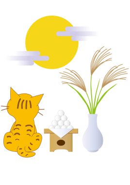 A full moon on the fifteenth night of the lunar month, offerings of moon-viewing rice dumplings, and a cat watching the moon clipart