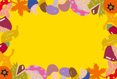 Renkli yapraklar ve mantarlarla dolu sonbahar manzaralı kartpostal..