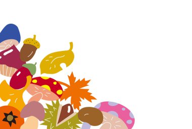 Renkli yapraklar ve mantarlarla dolu sonbahar manzaralı kartpostal..