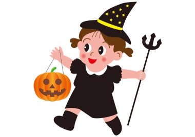 Cadılar Bayramı kostümü giymiş bir kız Cadılar Bayramı partisinde elinde bir balkabağı feneri tutuyor.