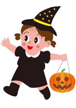 Cadılar Bayramı kostümü giymiş bir kız Cadılar Bayramı partisinde elinde bir balkabağı feneri tutuyor.