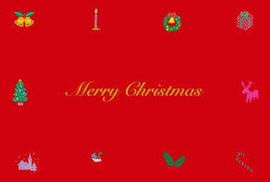 Çeşitli Noel motifleriyle tasarlanmış eğlenceli bir Noel kartı.