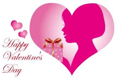 Sevgililer Günü kartında hediye kutusu tutan bir kızın silüeti var.