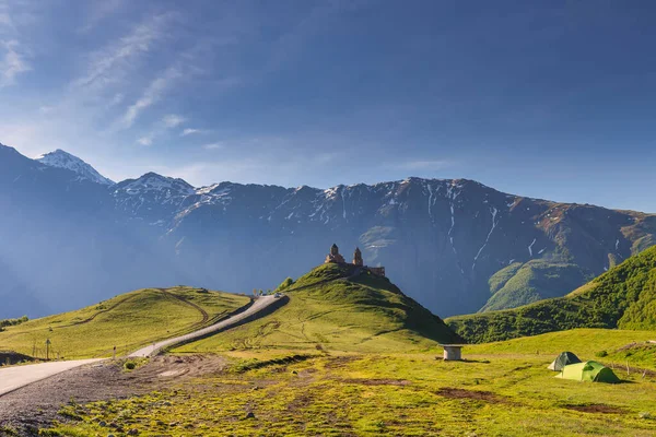 stock image Gergeti Trinity Church near the Stepantsminda village in Georgia ,At an altitude of 2170 meters, under Mount Kazbek or Kazbegi,