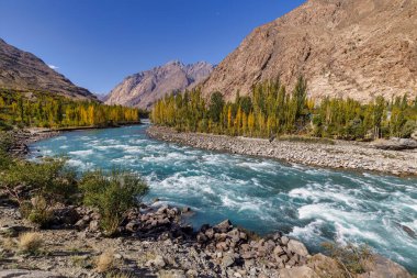 Arka planda Hindu Kush dağlarının olduğu sonbahar manzarası çok güzel, Gahkuch, kuzey Pakistan.