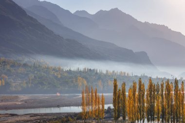 Arka planda Hindu Kush dağlarının olduğu sonbahar manzarası çok güzel, Gahkuch, kuzey Pakistan.