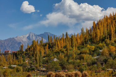 Arka planda Hindu Kush dağlarının olduğu sonbahar manzarası çok güzel, Gahkuch, kuzey Pakistan.