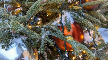 Photo with a pine tree adorned with colorful baubles. The vibrant decorations contrast beautifully against the snow, evoking a merry yuletide spirit. clipart