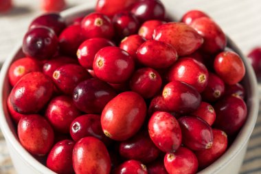 Çiğ kırmızı organik taze kızılcıklar kasede