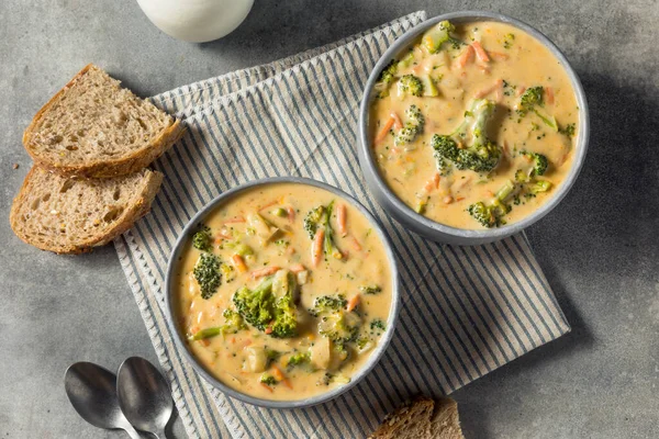 stock image Homemade Healthy Broccoli Cheddar Soup with Bread