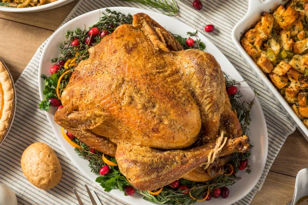 Hausgemachte Gebratene Truthahn Thanksgiving Mit Allen Seiten — Stockfoto
