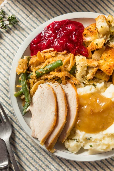 Homemade Thanksgiving Turkey Dinner Potatoes Gravy Cranberry Beans — Stock Photo, Image