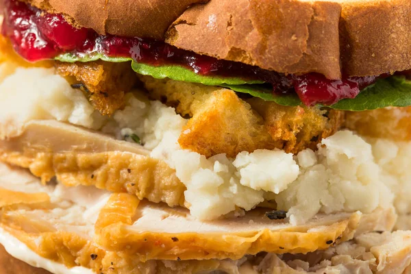 Homemade Thanksgiving Leftover Turkey Sandwich Cranberry Stuffing Potatoes — Stock Photo, Image