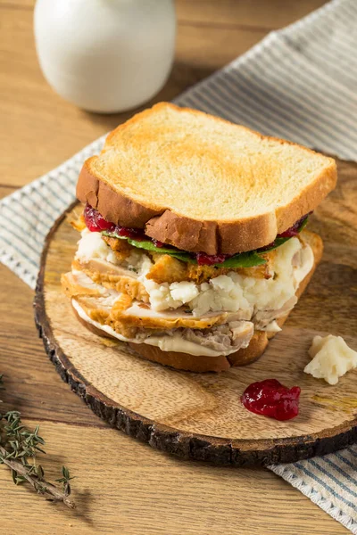 Homemade Thanksgiving Leftover Turkey Sandwich Cranberry Stuffing Potatoes — стокове фото
