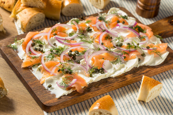 Homemade Cream Cheese Lox Bagel Board for Breakfast with Salmon