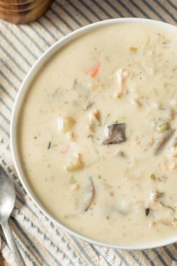 Ev yapımı tavuk ve mantarlı yaban pirinci çorbası.