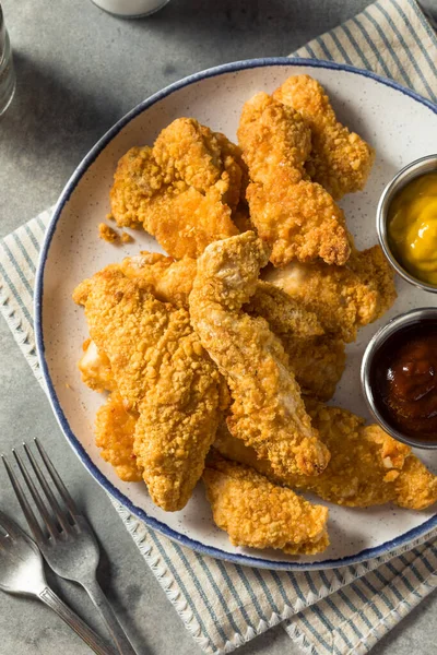 Homemade Deep Fried Chicken Strips Mustard Bbq — стокове фото