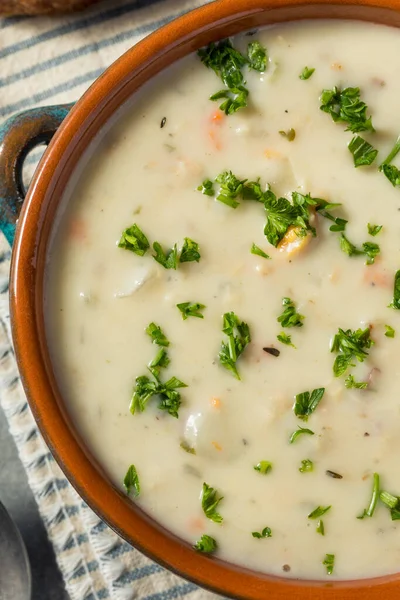 Homemade Creamy Clam Chowder Soup Bread Parsley — Stock Photo, Image