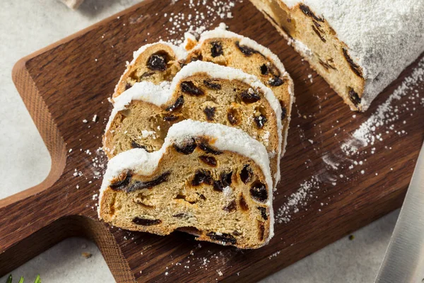 Homemade Christmas Stollen Bread Dried Fruit Powdered Sugar — Stock Photo, Image