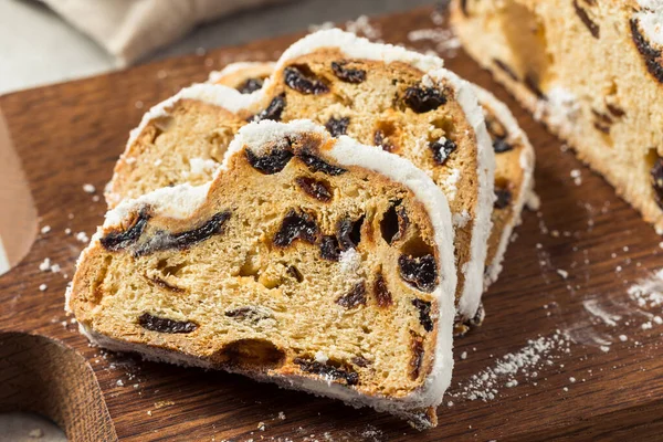 Homemade Christmas Stollen Bread Dried Fruit Powdered Sugar — Stock Photo, Image