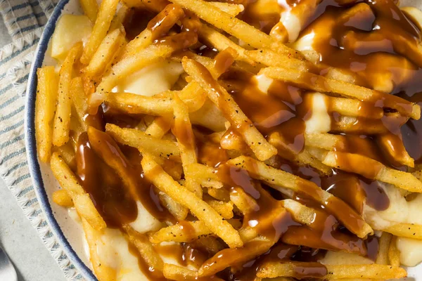 Homemade Canadian Poutine Gravy French Fries Cheese Curds — Stock Photo, Image