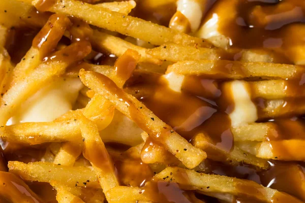 Hemlagad Kanadensisk Poutine Gravy Pommes Frites Med Ostbågar — Stockfoto