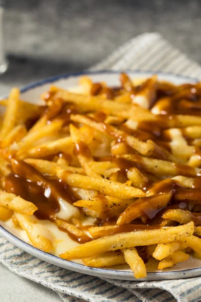 Hemlagad Kanadensisk Poutine Gravy Pommes Frites Med Ostbågar — Stockfoto