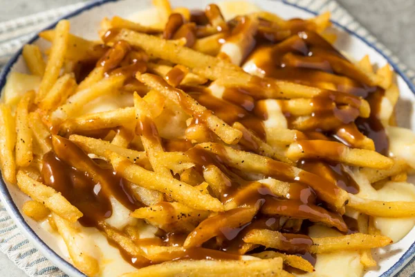 Homemade Canadian Poutine Gravy French Fries Cheese Curds — Stock Photo, Image