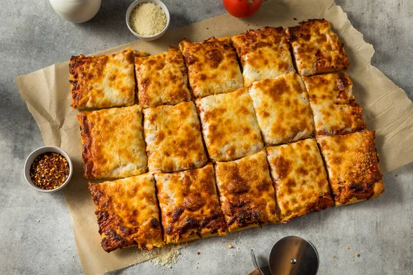 Homemade Grandma Cheese Pizza Pie Tomato Sauce — Stock Photo, Image
