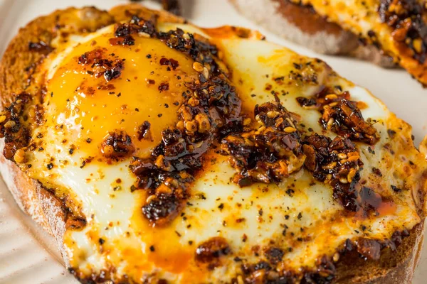 Trendy Homemade Chili Crunch Eggs Toast — Stock Photo, Image
