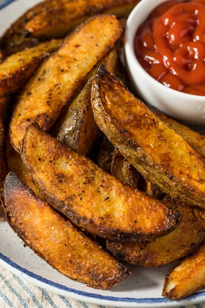 Homemade Cut Potato Wedge French Fries Ketchup — Stock Photo, Image
