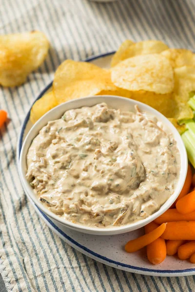 Homemade Healthy Carmelized Onion Dip Chips Celery — Stock Photo, Image