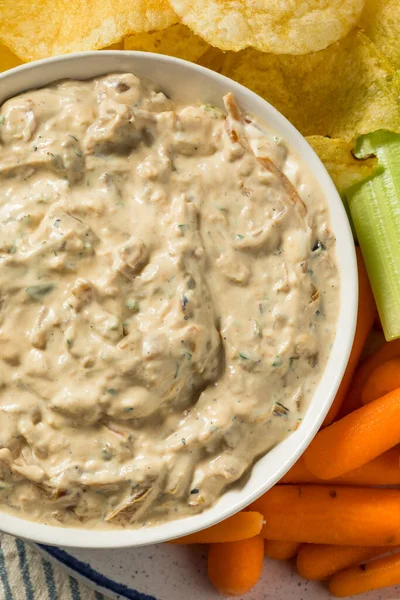 Homemade Healthy Carmelized Onion Dip Chips Celery — Stock Photo, Image