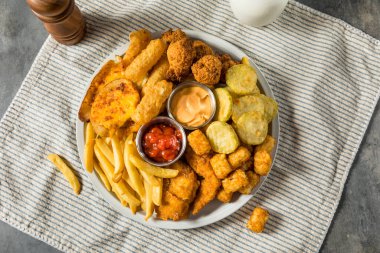 Deep Fried Appetizer Platter with French Fries Tots Mozzarella Sticks and Chicken clipart