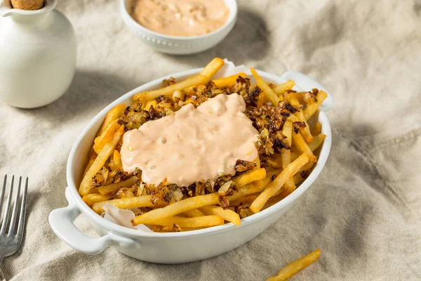 Homemade Animal Loaded French Fries Onions Burger Sauce — Stock Photo, Image