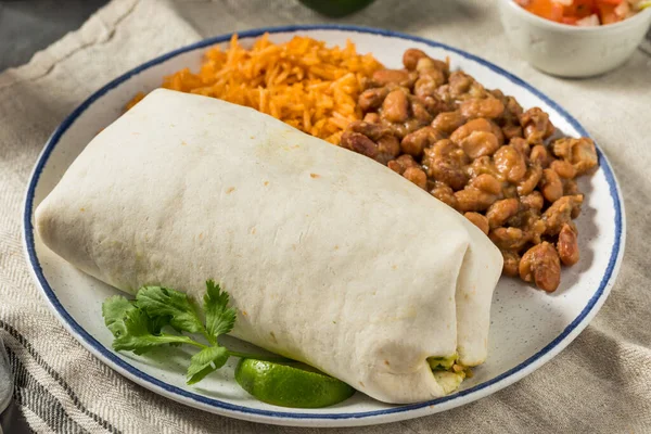 Hemlagad Mexikansk Ostbiff Burrito Med Guacamole Och Salsa — Stockfoto