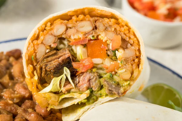 Burrito Bife Queijo Mexicano Caseiro Com Guacamole Salsa — Fotografia de Stock