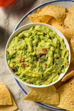 Ev yapımı avokado guacamole ve domatesli tortilla cipsi.