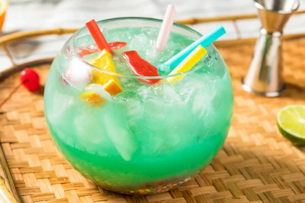 Boozy Cold Blue Tiki Fishbowl Cocktail Orange Rum — Stock Photo, Image