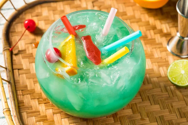Boozy Cold Blue Tiki Fishbowl Cocktail Orange Rum — стокове фото