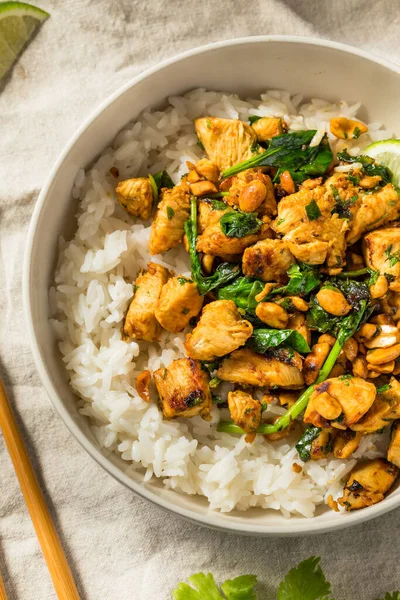 Asian Ginger Peanut Chicken Rice Lime Herbs — стокове фото