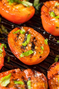 Organik Kızarmış Kırmızı Domates. Tuz ve Basil ile aperatif.