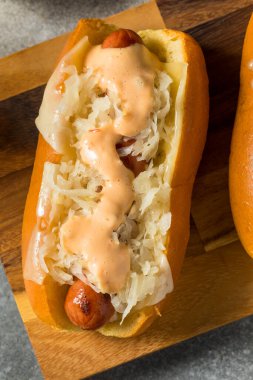 Homemade Kansas City Style Reuben Hot Dog with Sauerkraut